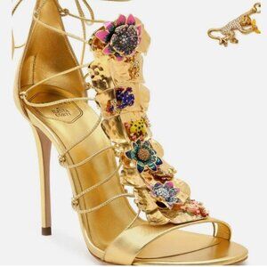 Casadei Gold Floral Embellished Metallic Leather Stiletto Sandal